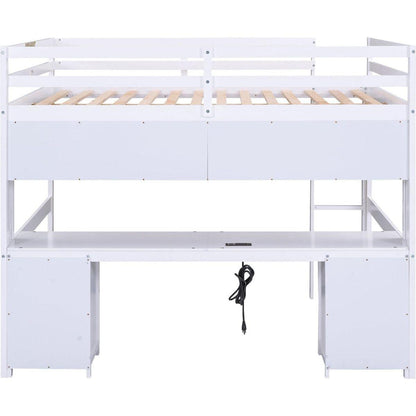 Full Size Loft Bed with Desk, Cabinets, Drawers and Bedside Tray, Charging Station, White