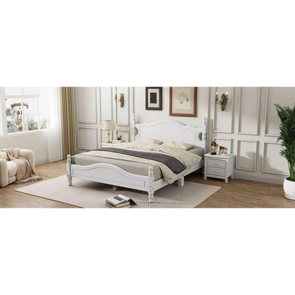 Queen Size Wood Platform Bed Frame,Retro Style Platform Bed with Wooden Slat Support,White