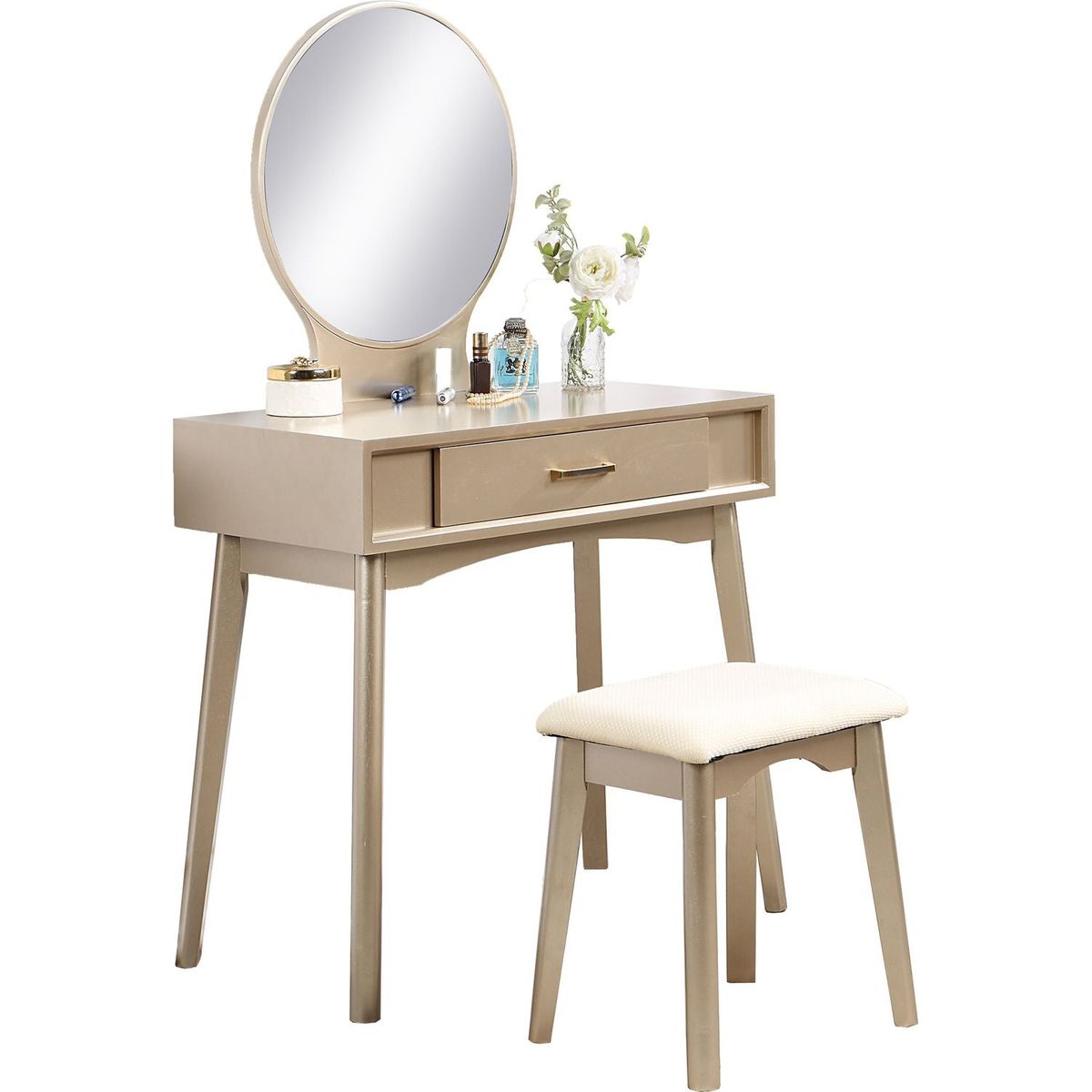Maly Contemporary Wood Vanity and Stool Set, Gold