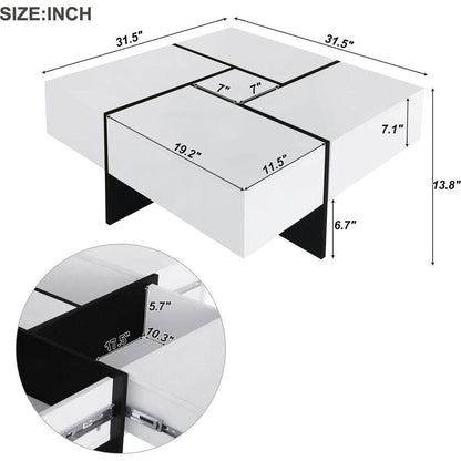 Unique Design Coffee Table with 4 Hidden Storage Compartments, Square Cocktail Table with Extendable Sliding Tabletop, UV High-gloss Design Center Table for Living Room, 31.5"x 31.5"