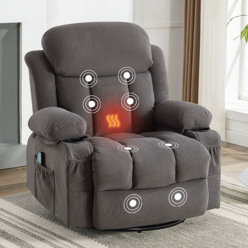 Swinging recliner massage heated sofa, with USB and 2 cup holders in side pockets, PackageA+B (GREY)