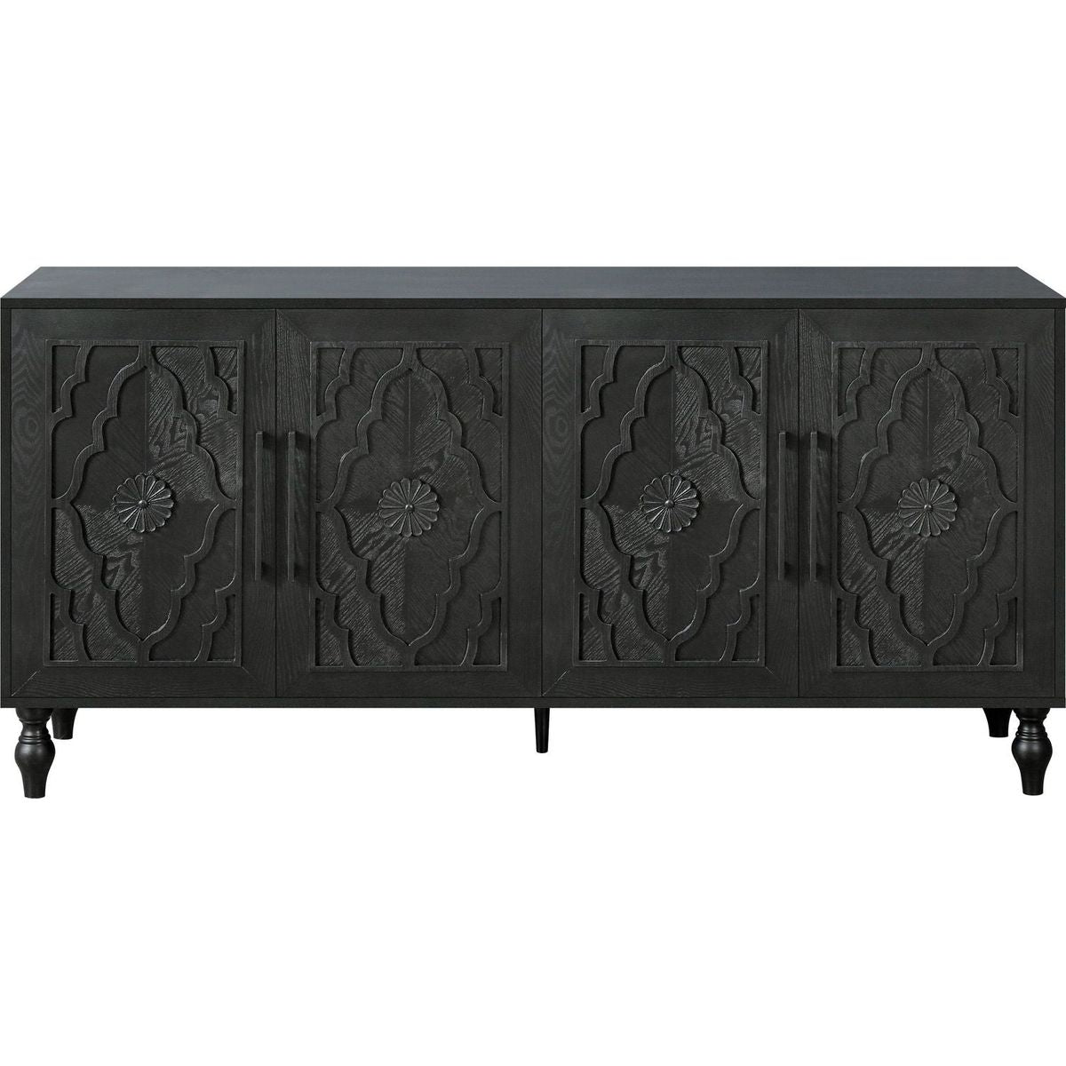 Carved Flower Door Large Storage Cabinet With Metal Handle Suitable For Living Room, Kitchen, Entryway(BLACK)