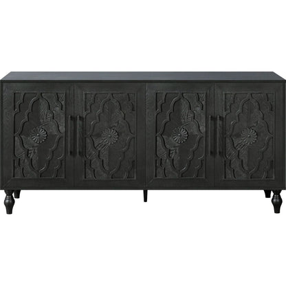 Carved Flower Door Large Storage Cabinet With Metal Handle Suitable For Living Room, Kitchen, Entryway(BLACK)