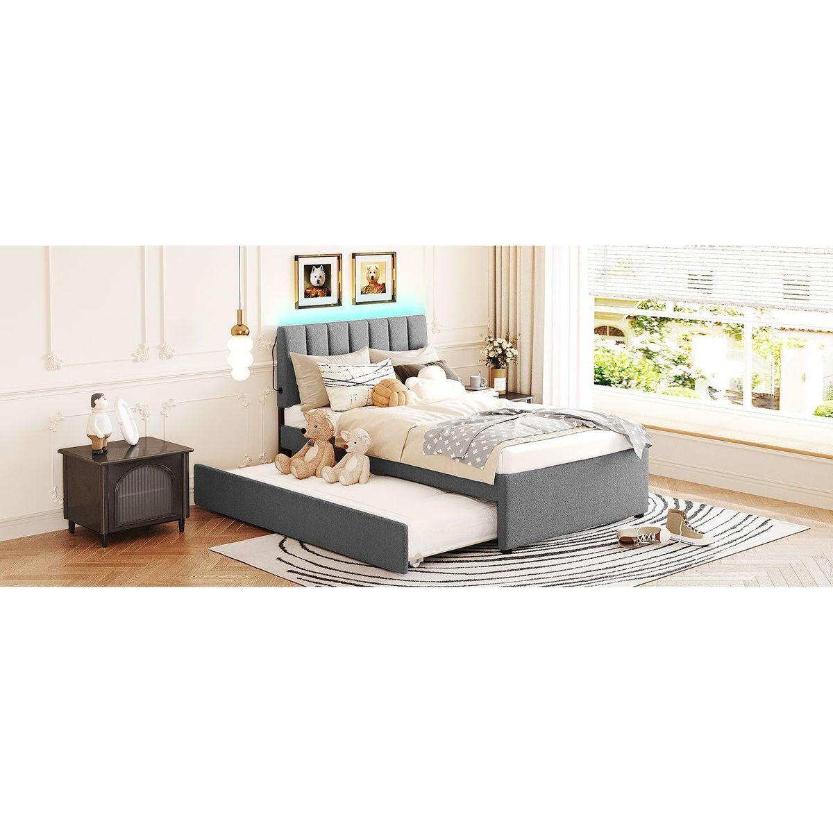Teddy Fleece Twin Size Upholstered Platform Bed with Trundle, Gray