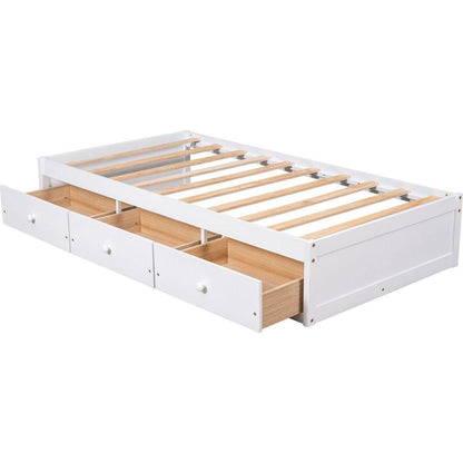 Twin Size Platform Storage Bed with 3 Drawers,White