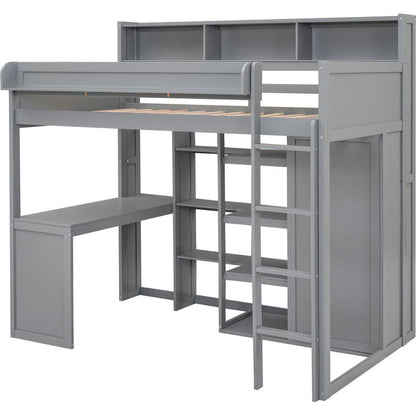 Wood Twin Size Loft bed with Multiple Storage Shelves and Wardrobe, Gray