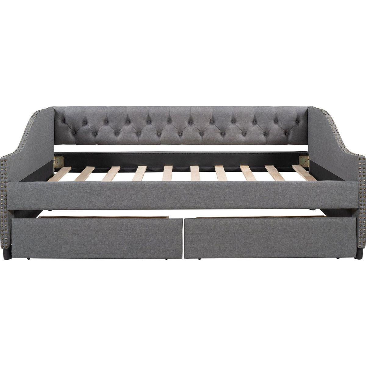 Upholstered daybed with Two Drawers, Wood Slat Support, Gray, Full Size