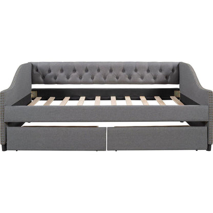 Upholstered daybed with Two Drawers, Wood Slat Support, Gray, Full Size