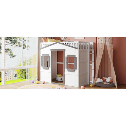 Twin Size House Loft Bed With Ladder-White+Gray Frame