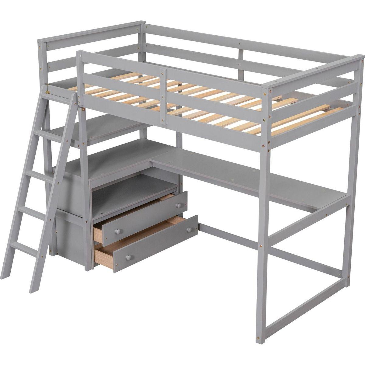 Twin Size Loft Bed with Desk and Shelves, Two Built-in Drawers, Gray