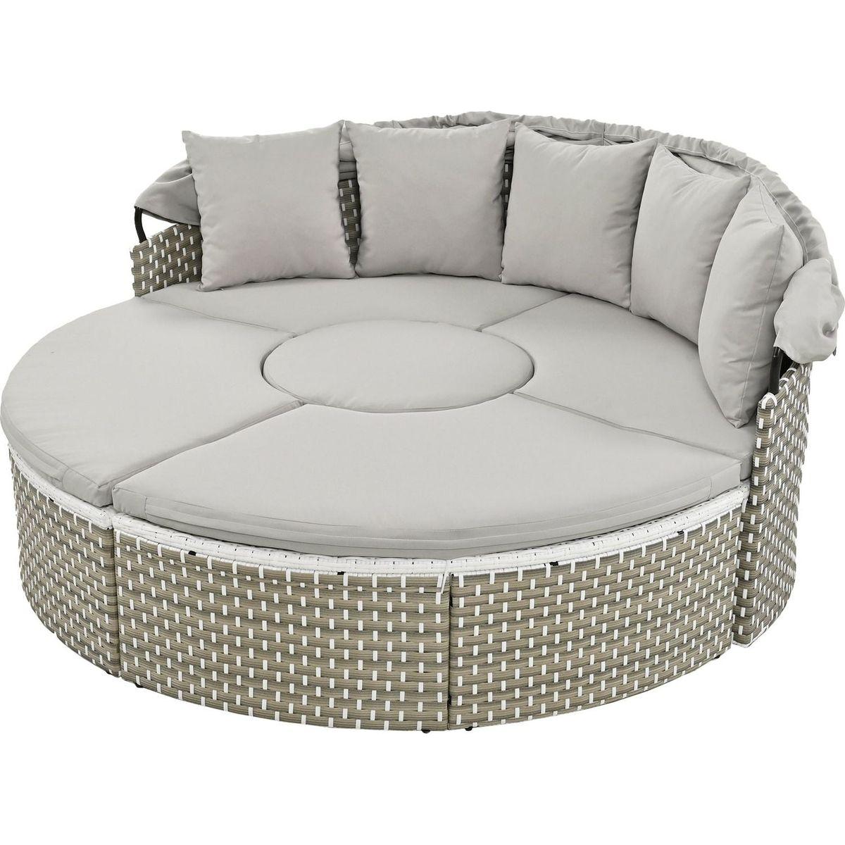 Patio Furniture Round Outdoor Sectional Sofa Set Rattan Daybed Two-Tone Weave Sunbed with Retractable Canopy, Separate Seating and Removable Cushion, Gray