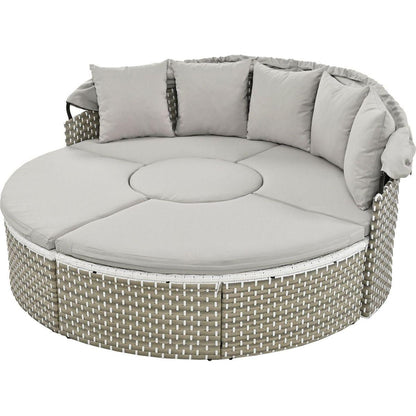 Patio Furniture Round Outdoor Sectional Sofa Set Rattan Daybed Two-Tone Weave Sunbed with Retractable Canopy, Separate Seating and Removable Cushion, Gray