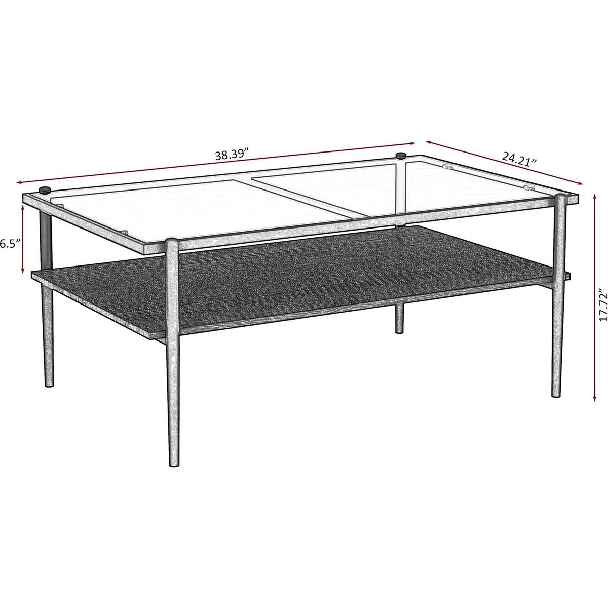 Rectangle Coffee Table with Gray Tempered Glass top and Black Legs,Modern Table for Living Room