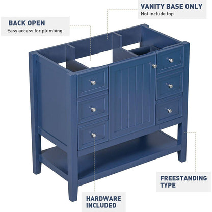 36" Bathroom Vanity without Sink, Cabinet Base Only, One Cabinet and three Drawers, Blue