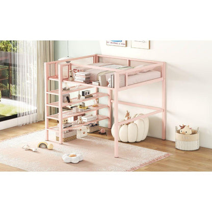 Full Size Metal Loft Bed with 4-Tier Shelves and Storage, Pink