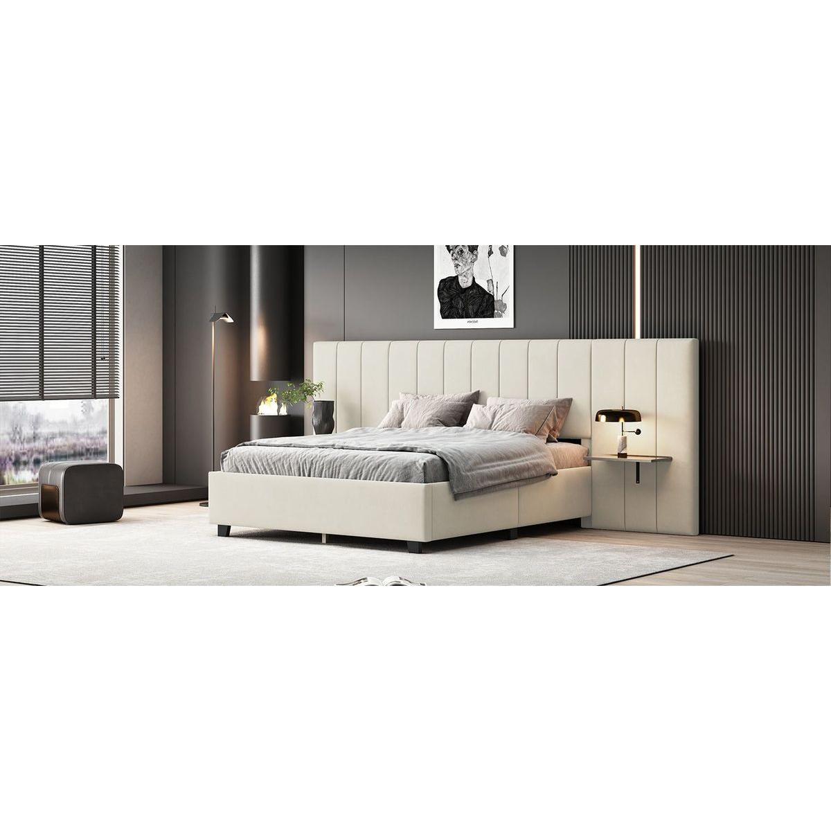 Queen Size Upholstered Platform Bed with Big Headboard, Bedroom Furniture, Velvet, Beige
