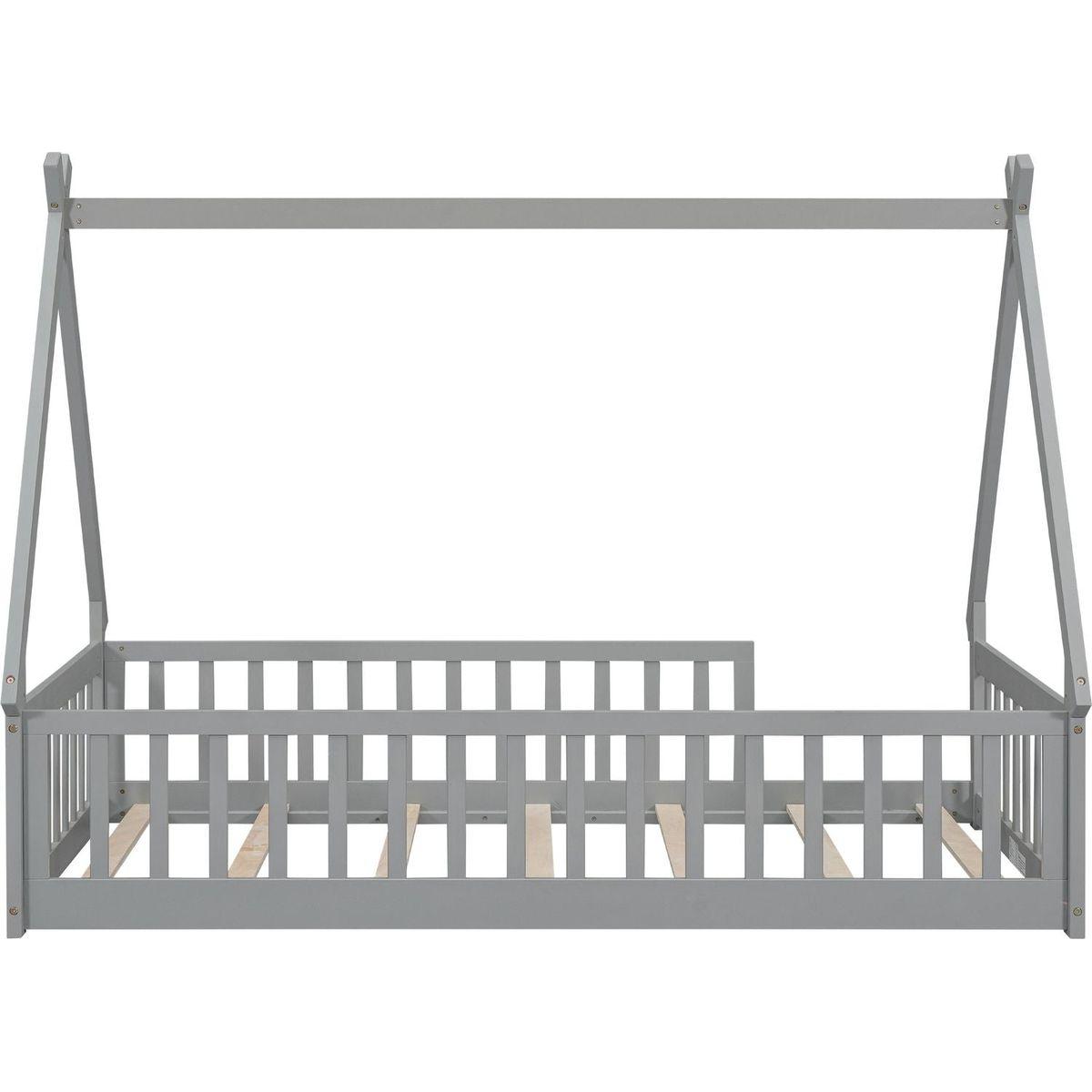 Twin Tent-shaped Floor Bed, Teepee Bed with Guardrails, Slats,Grey