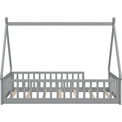 Twin Tent-shaped Floor Bed, Teepee Bed with Guardrails, Slats,Grey