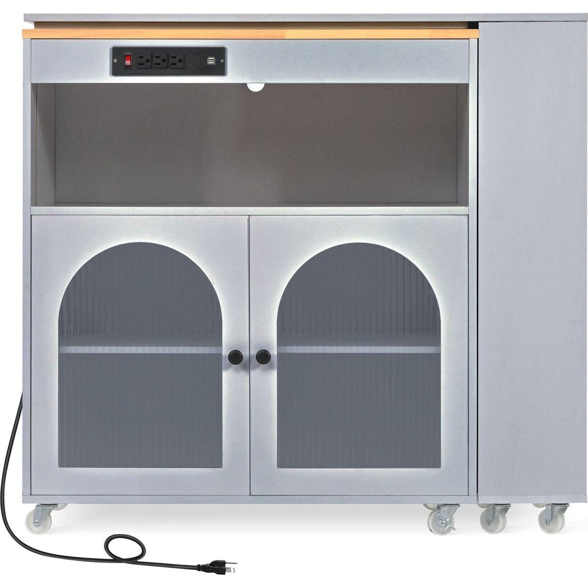 Rolling Kitchen Island With Movable Extended Table, Kitchen Cabinet on Wheels with Power Outlets and 2 Fluted Glass Doors, Kitchen Island with a Storage Compartment and Side 3 Open Shelves, Grey