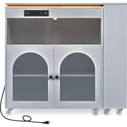 Rolling Kitchen Island With Movable Extended Table, Kitchen Cabinet on Wheels with Power Outlets and 2 Fluted Glass Doors, Kitchen Island with a Storage Compartment and Side 3 Open Shelves, Grey