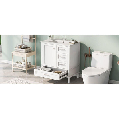 30" Bathroom Vanity, Modern Bathroom Cabinet with Sink Combo Set, Bathroom Storage Cabinet with a Soft Closing Door and 3 Drawers, Solid Wood Frame(White)