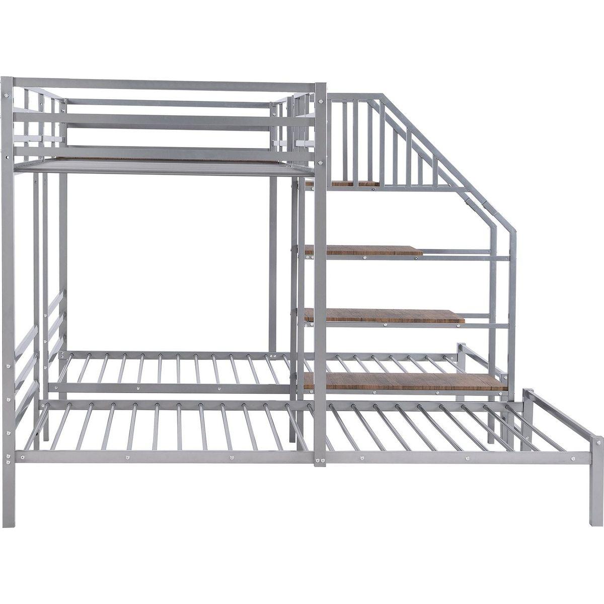 Metal Twin over Twin & Twin Bunk Bed, Triple Bunk Bed with Storage Shelves Staircase, Silver