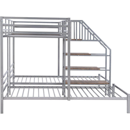 Metal Twin over Twin & Twin Bunk Bed, Triple Bunk Bed with Storage Shelves Staircase, Silver