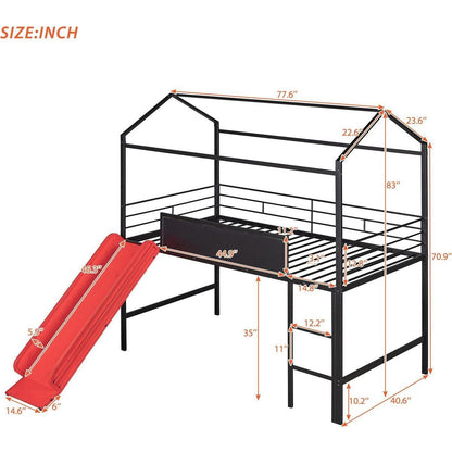 Metal House Bed With Slide, Twin Size Metal Loft Bed with Two-sided writable Wooden Board (Black and Red)