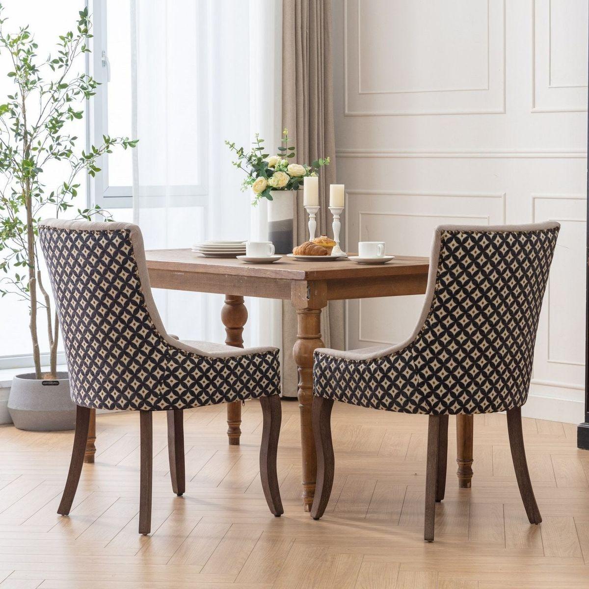 Ultra Side Dining Chair, Thickened fabric chairs with neutrally toned solid wood legs, Bronze nail head, Set of 2, Beige and Patterned