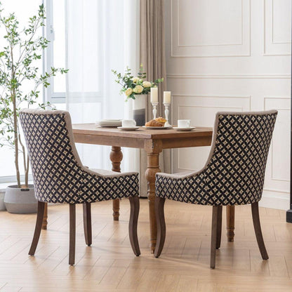 Ultra Side Dining Chair, Thickened fabric chairs with neutrally toned solid wood legs, Bronze nail head, Set of 2, Beige and Patterned