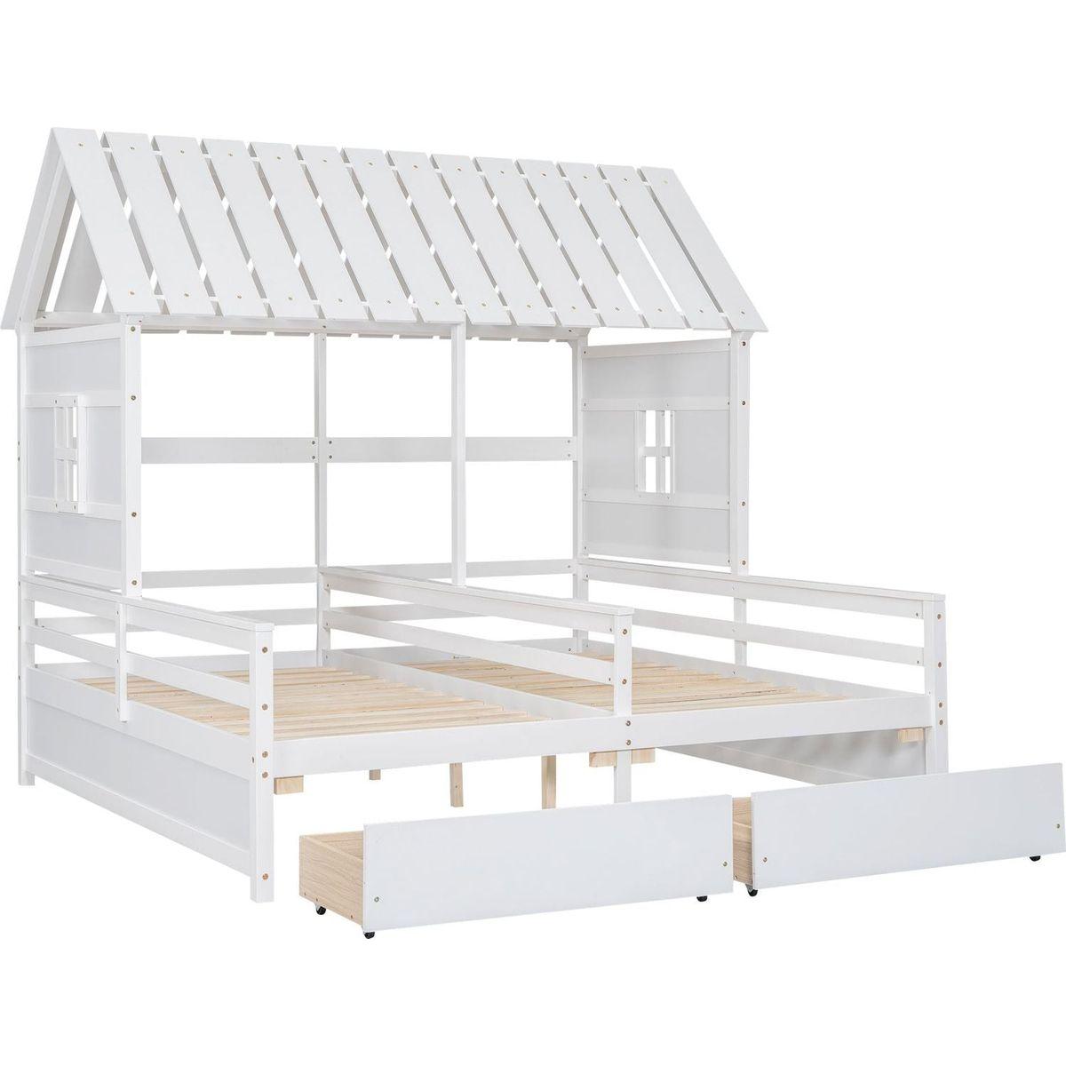 Twin Size House Platform Beds with Two Drawers for Boy and Girl Shared Beds, Combination of 2 Side by Side Twin Size Beds,White