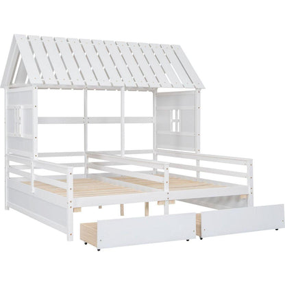 Twin Size House Platform Beds with Two Drawers for Boy and Girl Shared Beds, Combination of 2 Side by Side Twin Size Beds,White