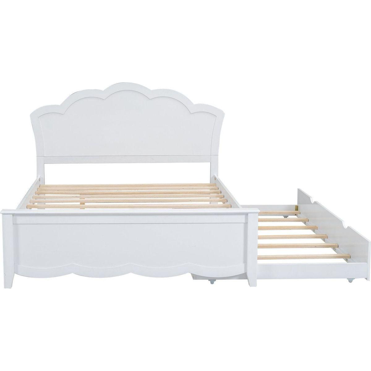 Full Size Wood Platform Bed with Headboard and Twin Size Trundle, White - Streamdale Furniture