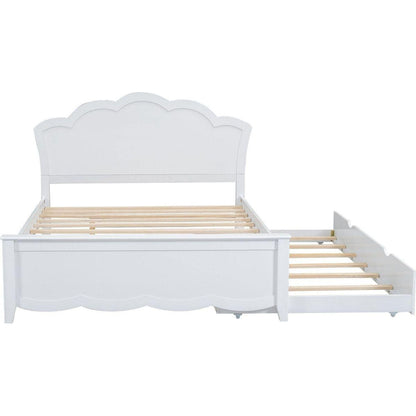 Full Size Wood Platform Bed with Headboard and Twin Size Trundle, White - Streamdale Furniture