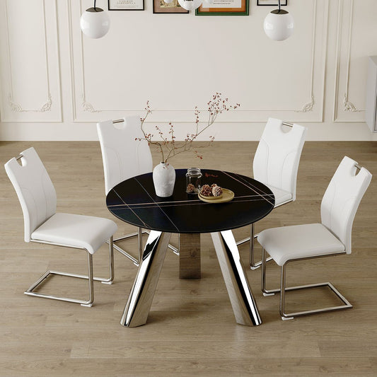 Table and chair set.A 42-inch stainless steel leg round table.Paired with 4 Uniquely designed White Dining Chairs With Silver Metal Leg.Sintered Stone Tabletop,Stainless Steels Table Legs.