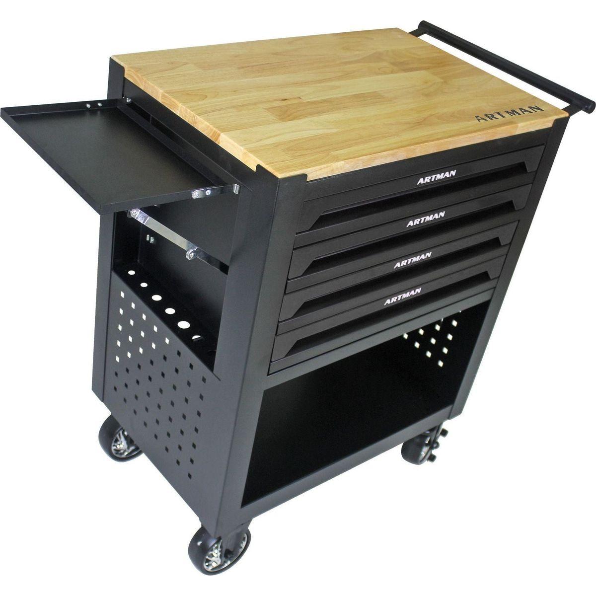 4 DRAWERS MULTIFUNCTIONAL TOOL CART WITH WHEELS AND WOODEN TOP-BLACK