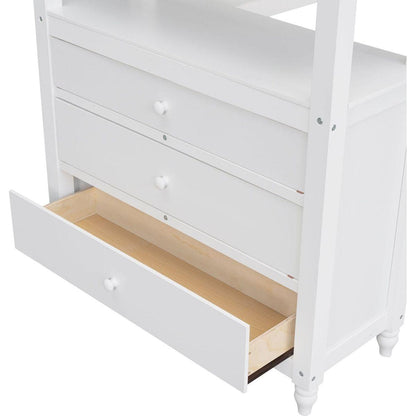 Twin size Loft Bed with Drawers and Desk, Wooden Loft Bed with Shelves - White