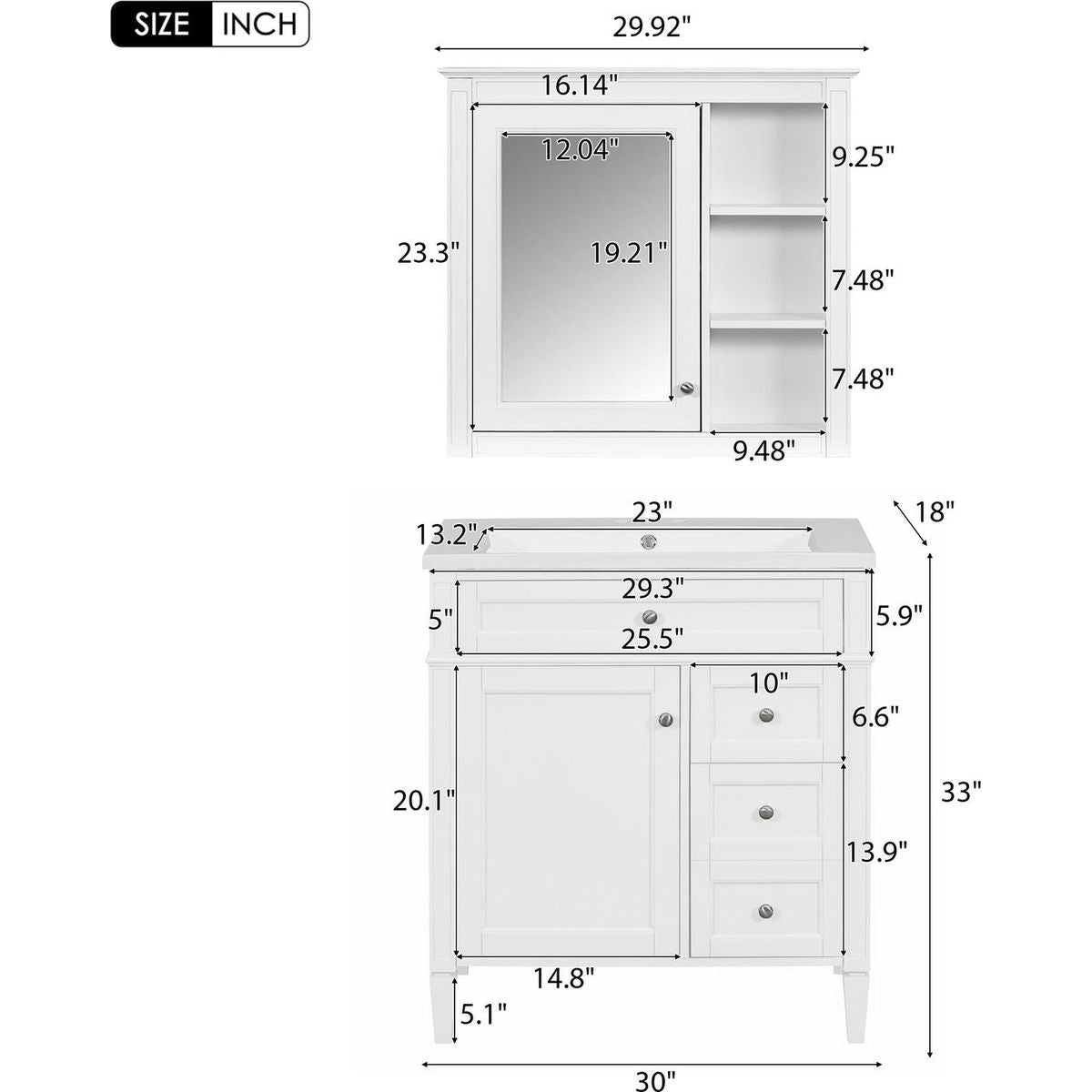 30" Bathroom Vanity with Top Sink, Modern Bathroom Storage Cabinet with 2 Drawers and a Tip-out Drawer, Freestanding Vanity Set with Mirror Cabinet, Single Sink Bathroom Vanity