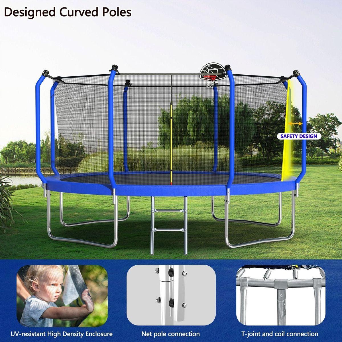 12FT Trampoline with Basketball Hoop, ASTM Approved Reinforced Type Outdoor Trampoline with Enclosure Net