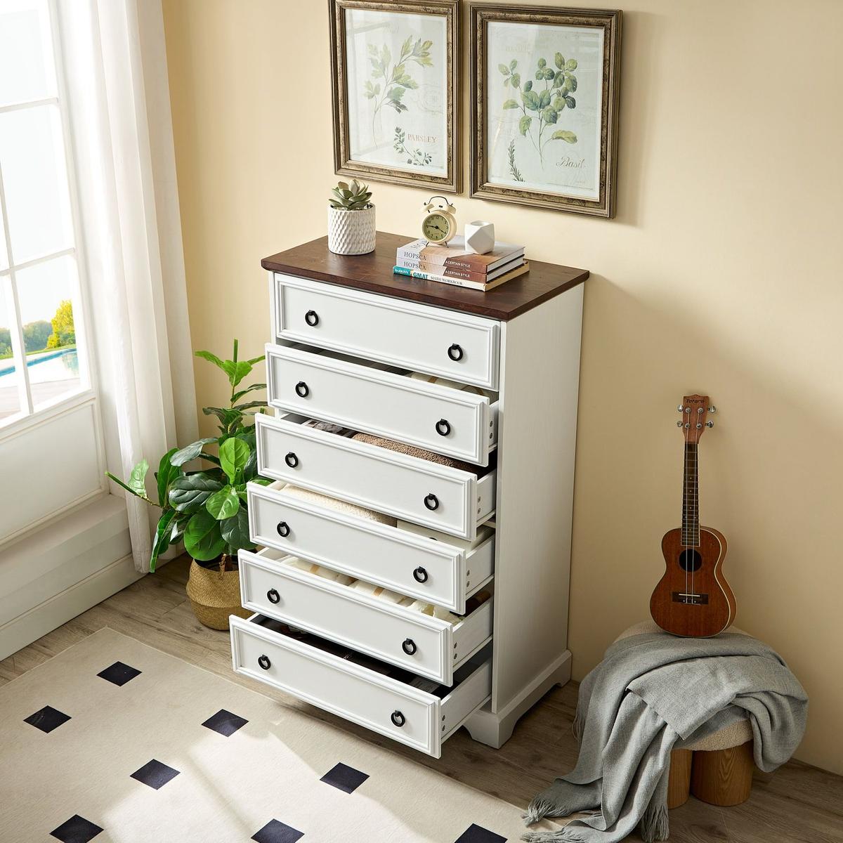 Modern 6 Drawer Dresser, Dressers for Bedroom, Tall Chest of Drawers Closet Organizers & Storage Clothes - Easy Pull Handle, Textured Borders Living Room, Hallway,L 29.53"xW15.75"xH48.03"White