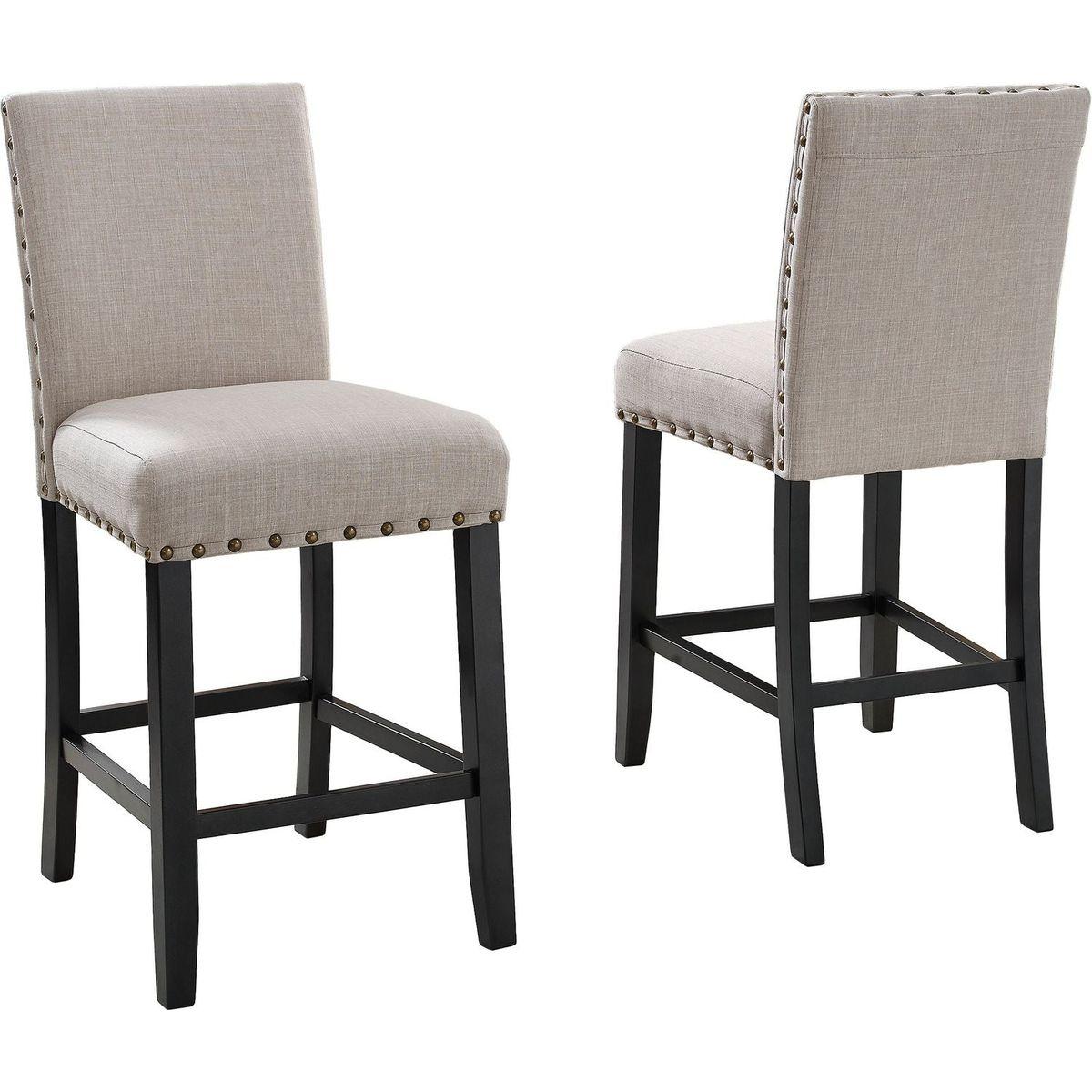 Biony Tan Fabric Counter Height Stools with Nailhead Trim, Set of 2