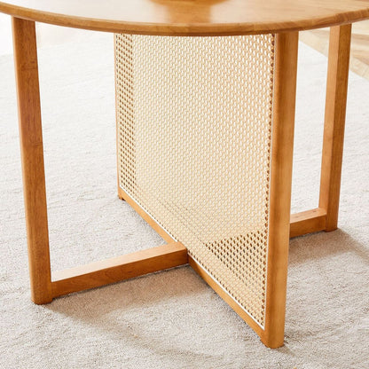 Chinese countryside retro solid wood round table, simple modern imitation rattan table, wooden table, desk. Suitable for dining room, living room, office