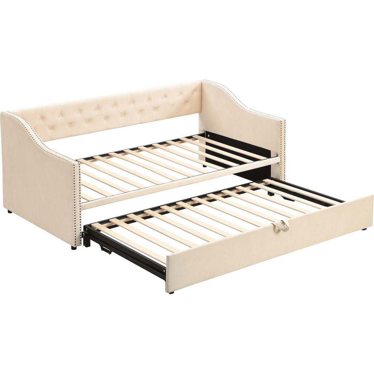 Twin Size Upholstered daybed with Pop Up Trundle, Beige