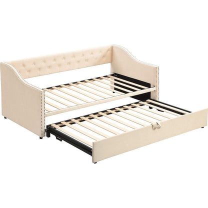 Twin Size Upholstered daybed with Pop Up Trundle, Beige