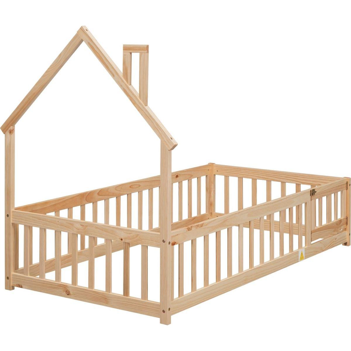 Twin House-Shaped Headboard Floor Bed with Fence ,Natural
