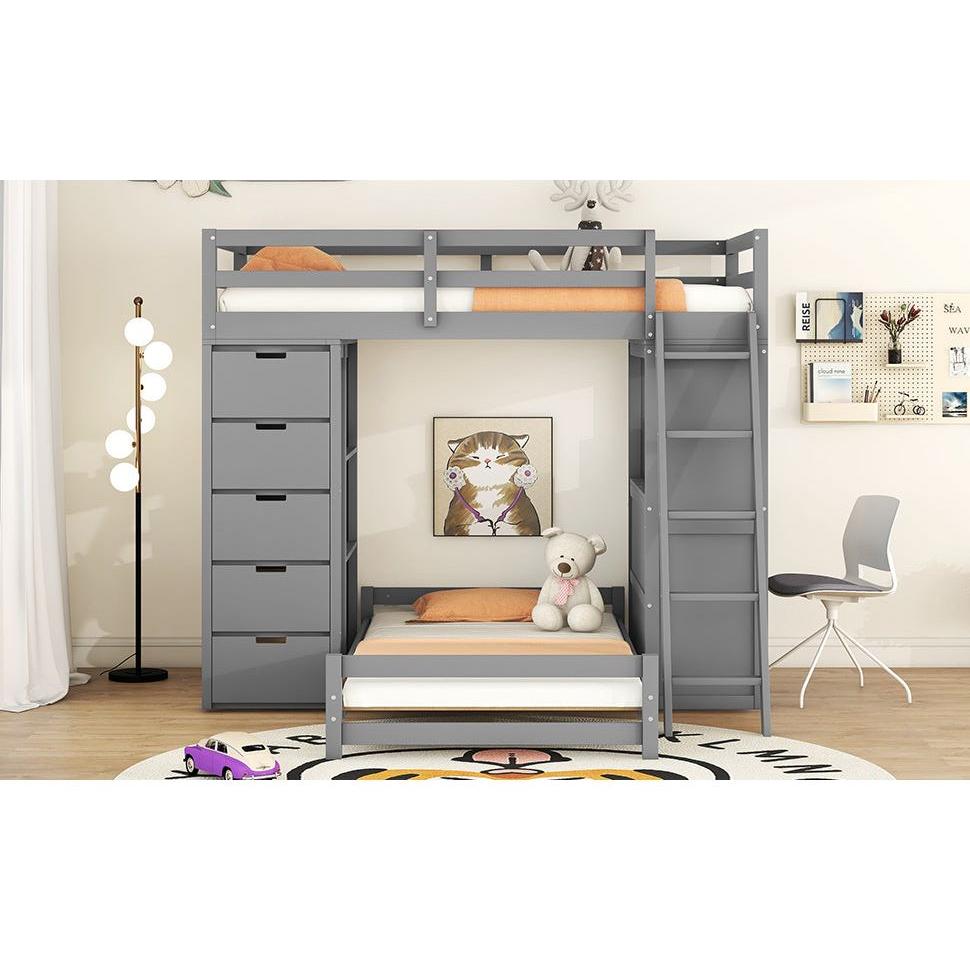 Twin over Twin Bunk Bed with LED Light and USB Ports, Gray