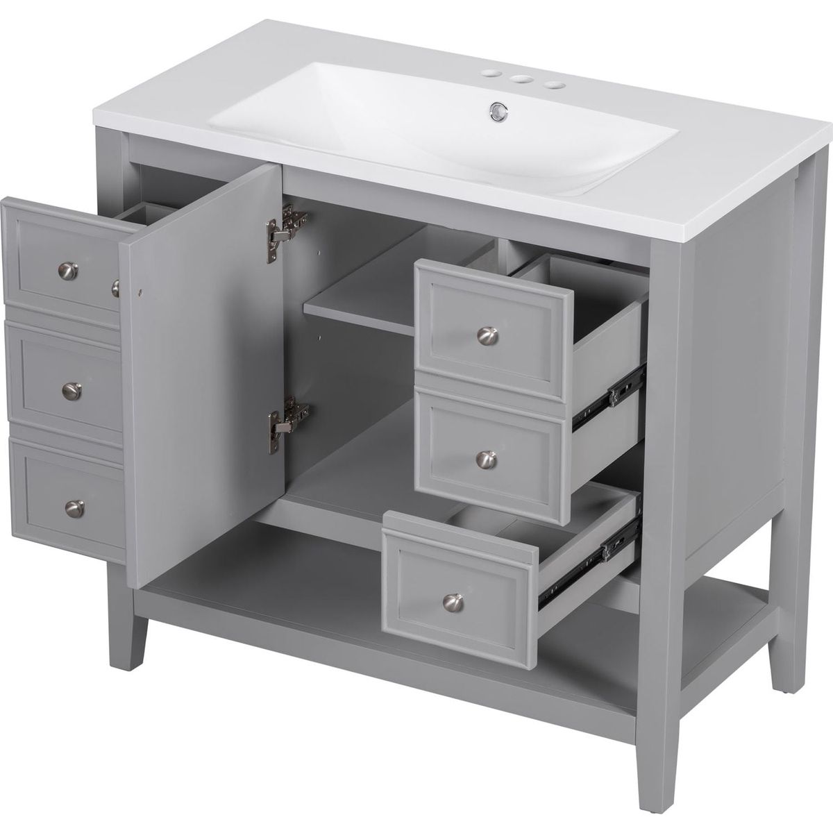 36" Bathroom Vanity with Sink Combo, One Cabinet and Three Drawers, Solid Wood and MDF Board, Grey