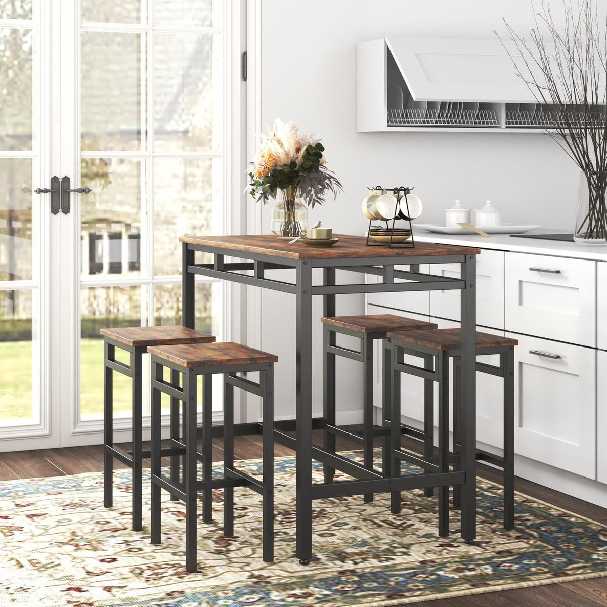 Bar table set 5PC Dinging table set with high stools, structural strengthening, industrial style. Rustic Brown, 43.31" L x 23.62" W x 35.43" H.