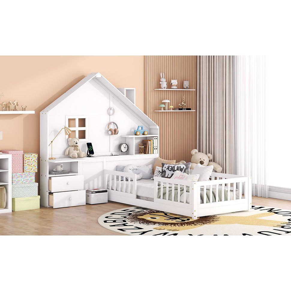 Twin Size House Bed with Window and Bedside Drawers, Platform Bed with Shelves and a set of Sockets and USB Port, White