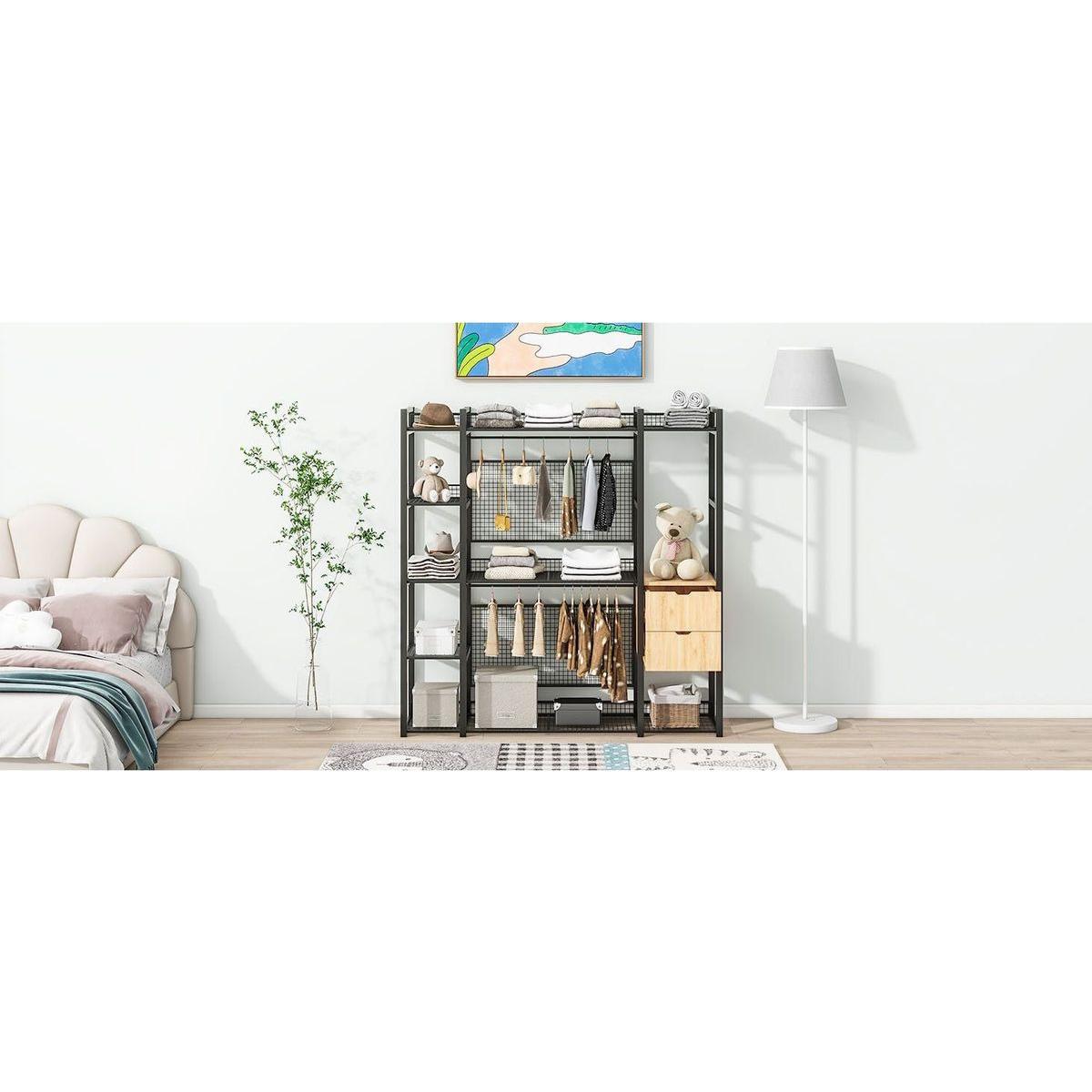 Open-Style Wardrobe with Hanging Rails, Shelves and Drawers, Black